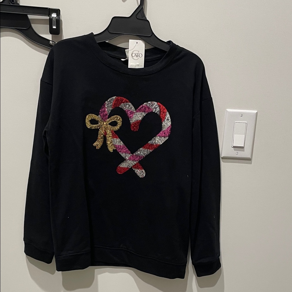 Charlotte by Cato Black Top with Sequin Candy Cane and Golden Bow